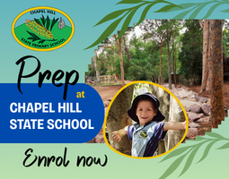 Chapel Hill SS logo, Image of happy child, Words: Prep at Chapel Hill State School - Enrol now