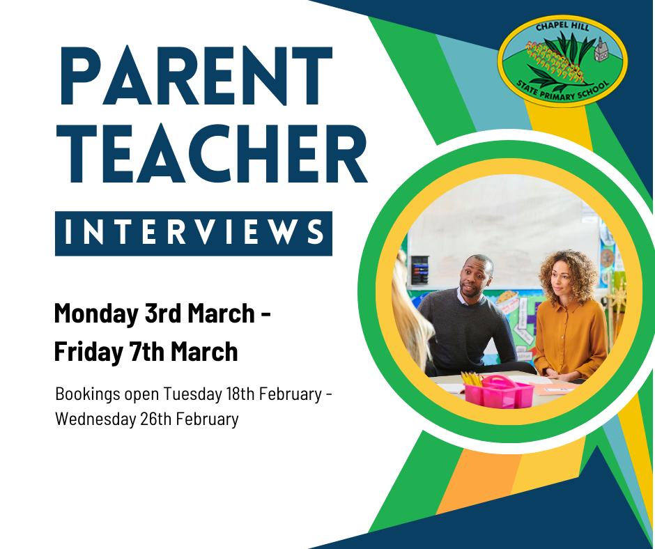 Two people sitting at opposite sides of a desk speaking to each other.  Text above says 'Parent-Teacher interviews'