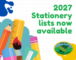 Image of a pencil, ruler, paintbrush and sharpener, with the words '2027 Stationery lists now available'