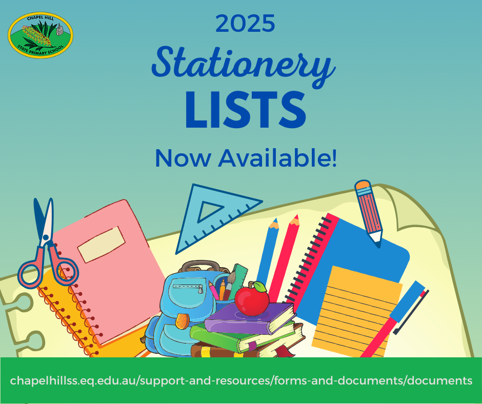 Text: 2025 Stationery lists now available Image: a variety of stationery items