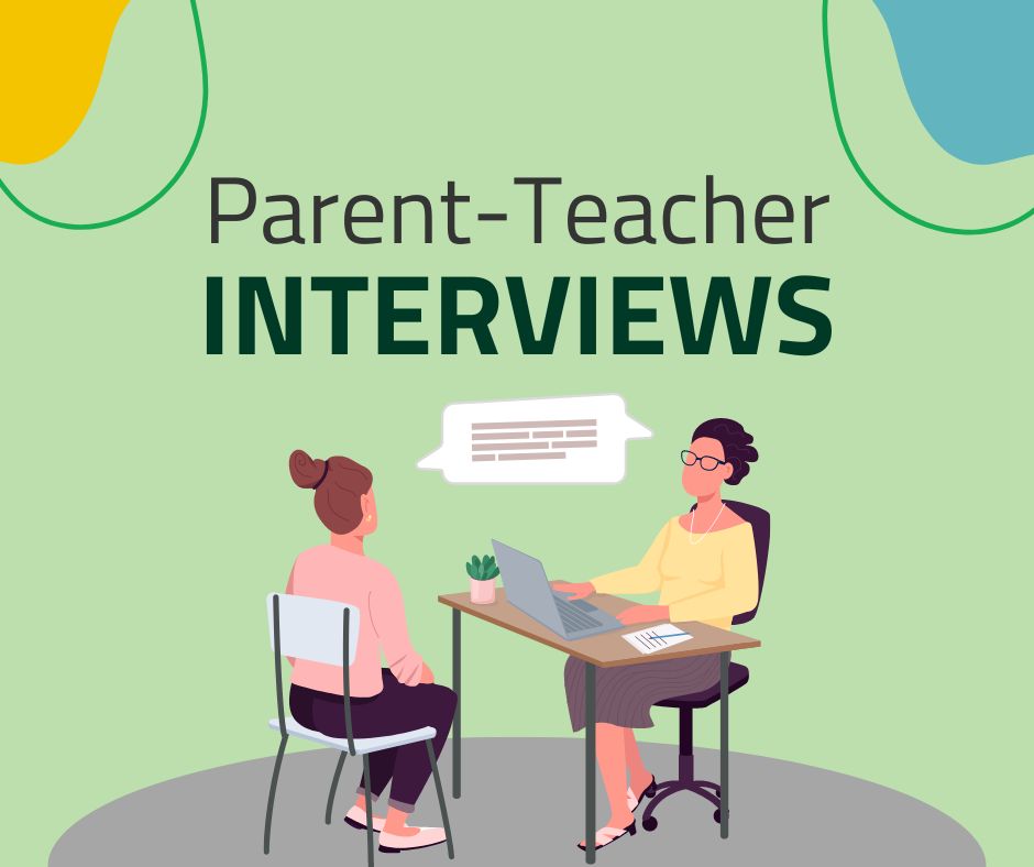 Two people sitting at opposite sides of a desk speaking to each other.  Text above says 'Parent-Teacher interviews'
