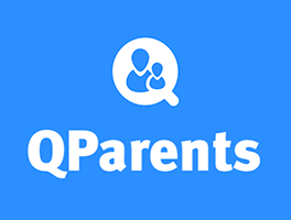 QParents logo and text in white on a blue background
